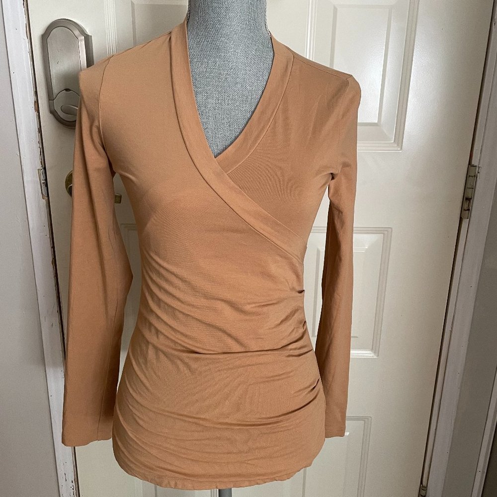 CAbi Long Sleeve Gold Cotton Blend V-Neck Tee, Size Small